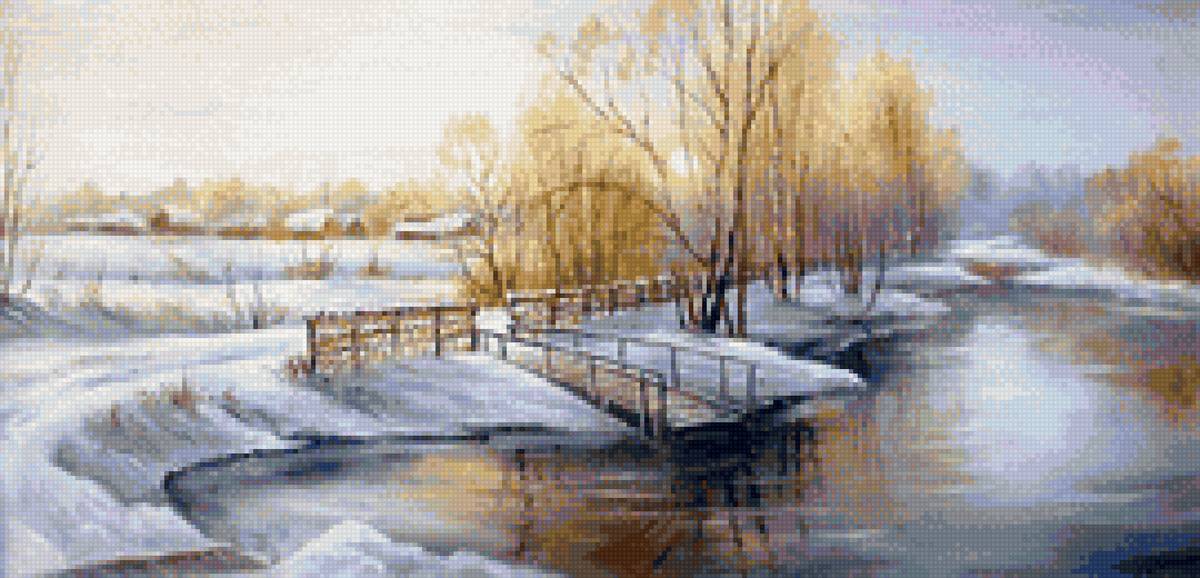 Худ. Светлана Грохотова - снег, пейзаж весна, река, деревня - предпросмотр
