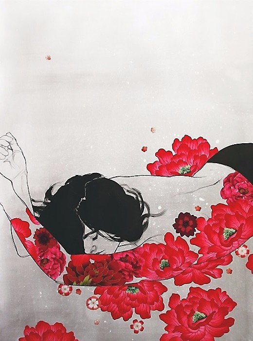 рисунок - цветы, девушка - оригинал