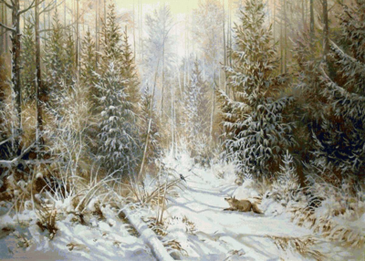 Худ. Корников Юрий - пейзаж зима, лиса, природа, лес - предпросмотр
