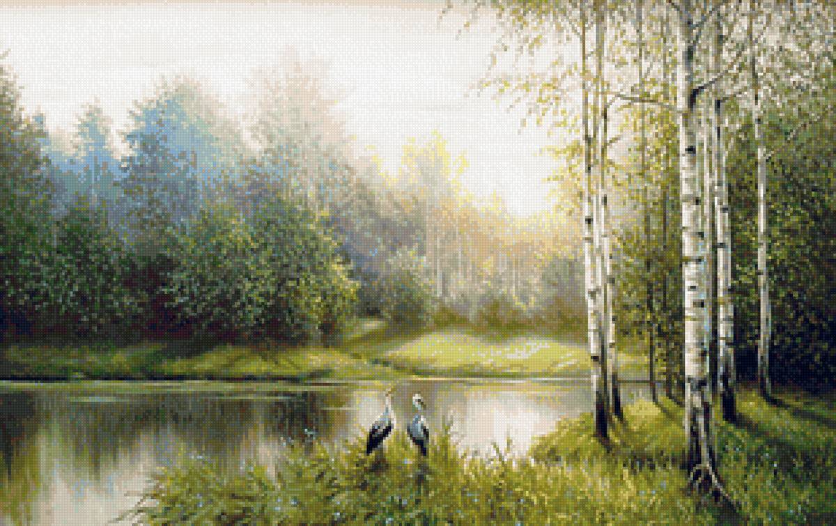 Худ. Корников Юрий - природа, аисты, пейзаж лето, лес - предпросмотр