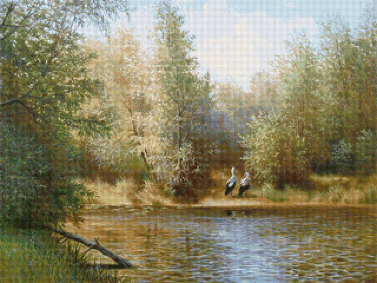 Худ. Корников Юрий - лето, аисты, река, пейзаж, природа - предпросмотр