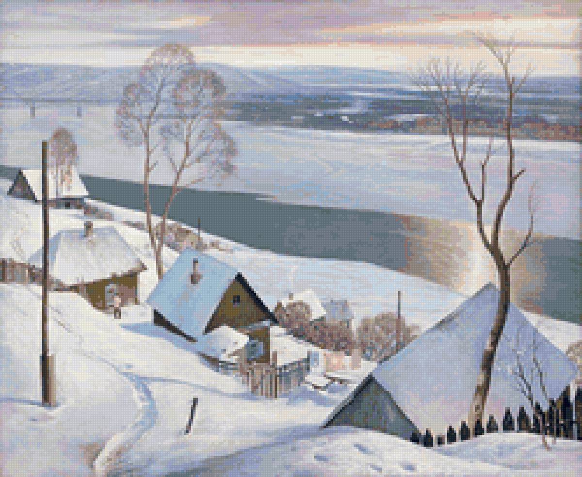 Худ. Крыжевский Ян. Новое утро - снег, пейзаж зима, река, поселок - предпросмотр