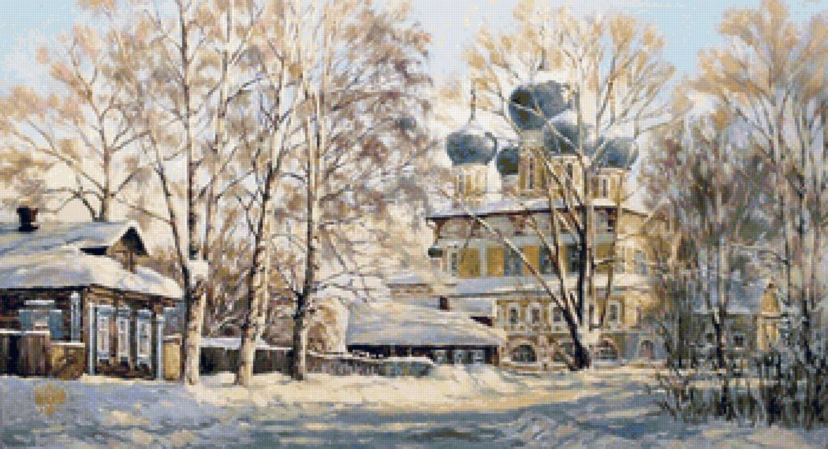 Худ. Ладыгин Олег Юрьевич Провинциальный городок - снег, город, пейзаж зима, церковь - предпросмотр