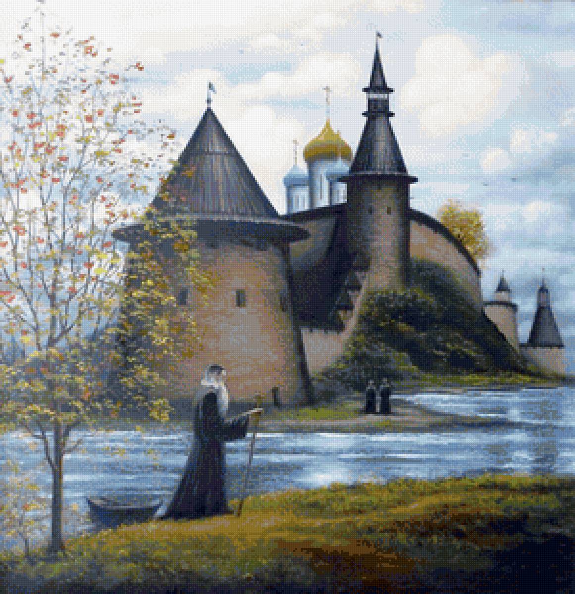 Худ. Марков В.Н. У СТЕН КРЕМЛЯ ПСКОВА - монах, пейзаж осень, церковь, река - предпросмотр
