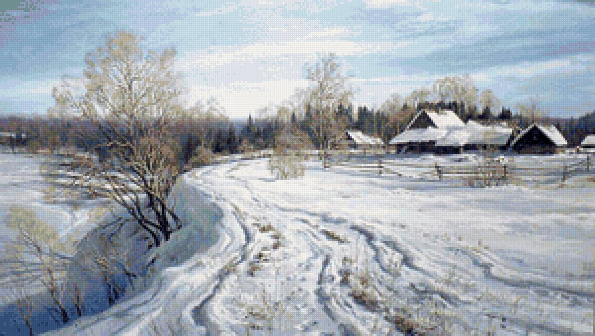 Худ. Басов. Мартовский день. - природа, деревня, снег, пейзаж зима - предпросмотр