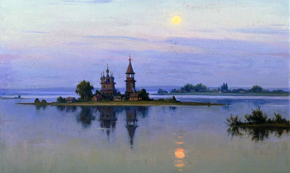 Худ. Щербаков - пейзаж, закат, вода, церковь - оригинал