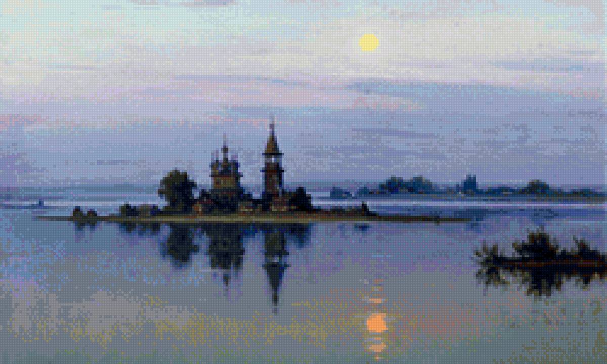 Худ. Щербаков - пейзаж, закат, вода, церковь - предпросмотр