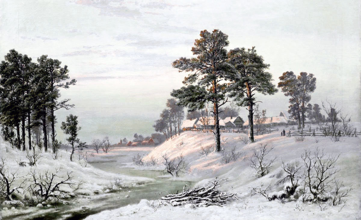 Худ. Экгорст Василий Ефимович - деревня, вода, природа, пейзаж зима - оригинал