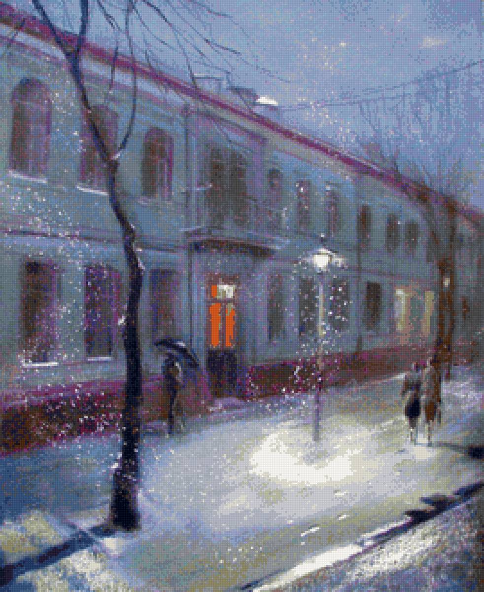 Худ. Юшина Елена - снегопад, город, зима, фонари - предпросмотр