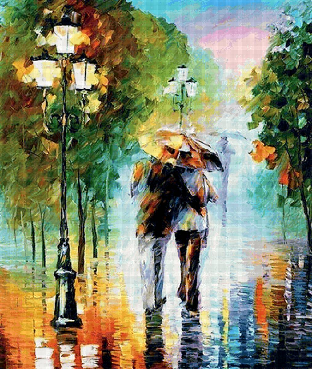 в парке осенью - природа, осень, люди, живопись, картина - предпросмотр