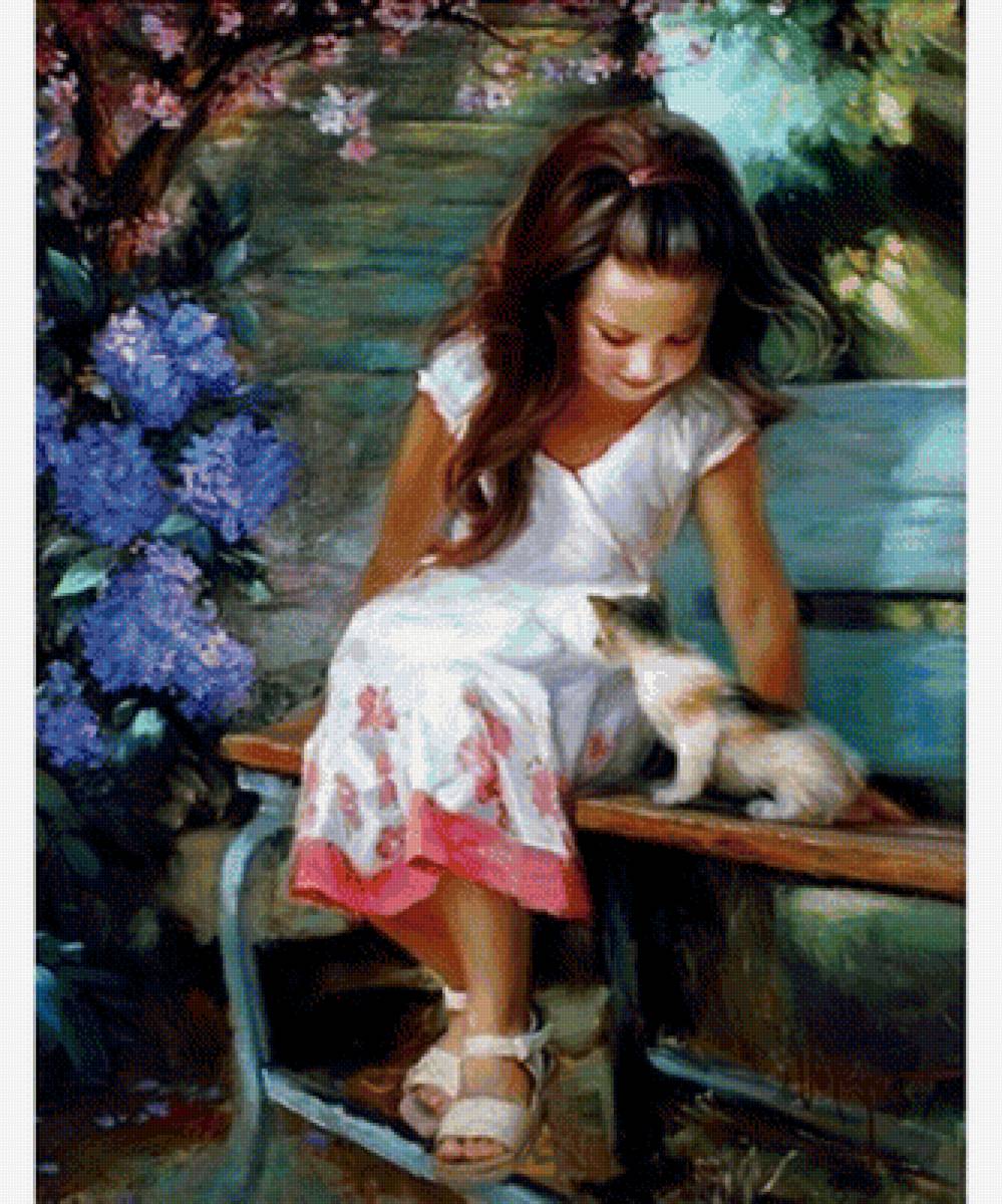 По картине Владимира Волегова - котенок, девочка, скамейка, лето - предпросмотр