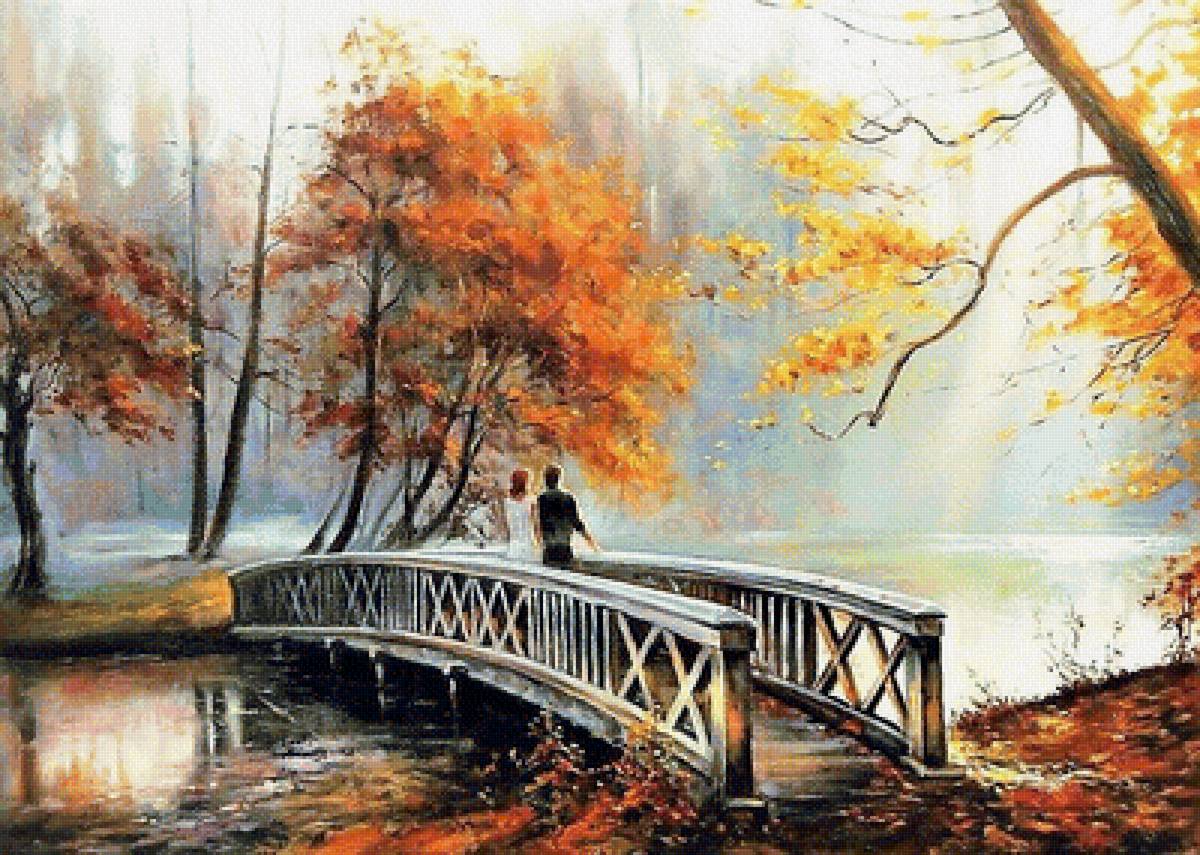 Осенью на мосту - люди, картина, природа, живопись, осень - предпросмотр