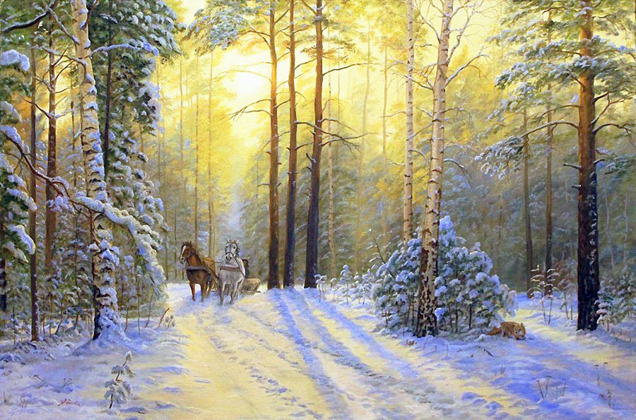 Худ. Куликов Владимир - природа, лес, сани, пейзаж зима, лиса - оригинал