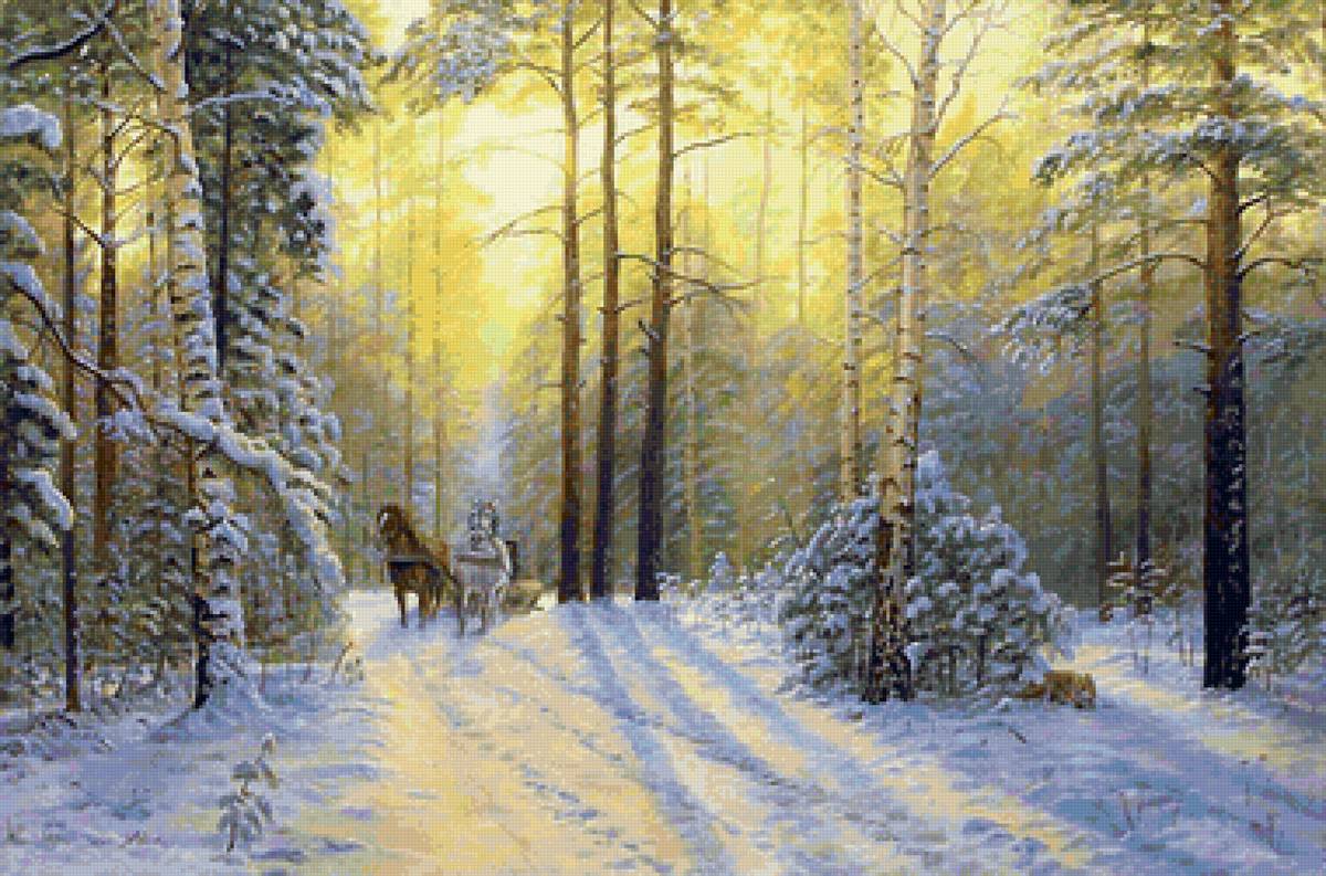 Худ. Куликов Владимир - сани, пейзаж зима, природа, лес, лиса - предпросмотр