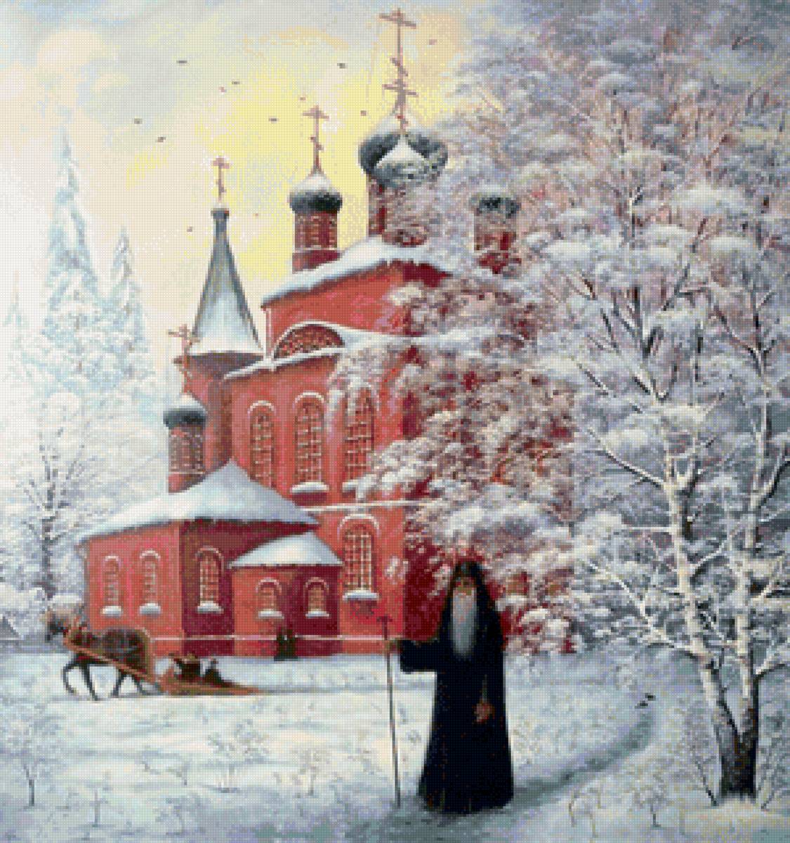 Худ. Марков В.Н. Красная церковь - церковь, пейзаж зима, снег, монах - предпросмотр