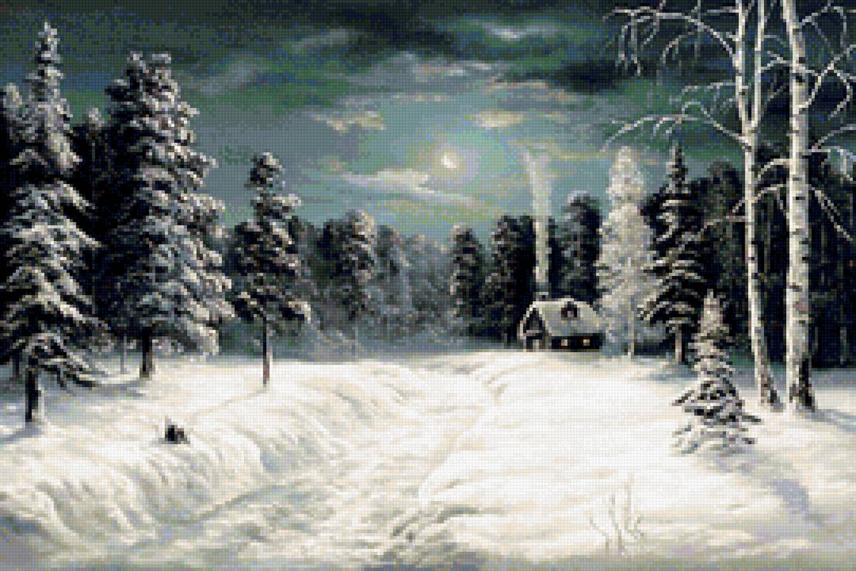 Ночь перед Рождеством - природа, изба, ночь, лес, пейзаж зима - предпросмотр