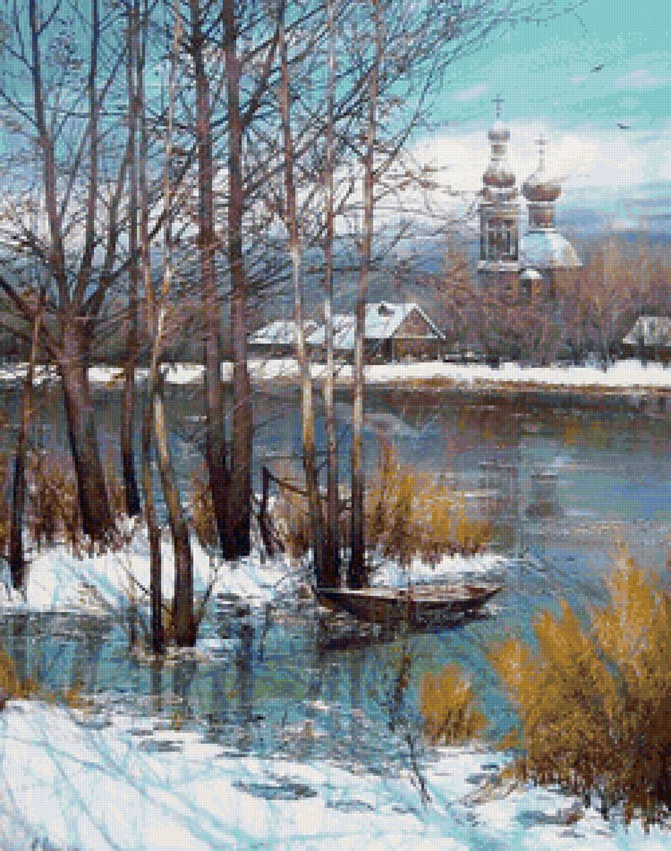 Худ. Авдеев Михаил Анатольевич - природа, пейзаж весна, деревня, вода, церкви - предпросмотр