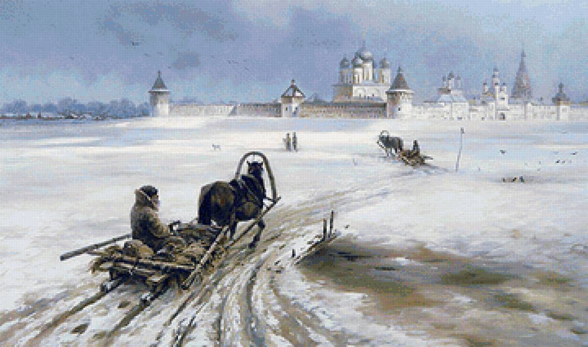 Худ. Артамонов Валерий Анатольевич - сани, пейзаж зима, церкви, деревня - предпросмотр