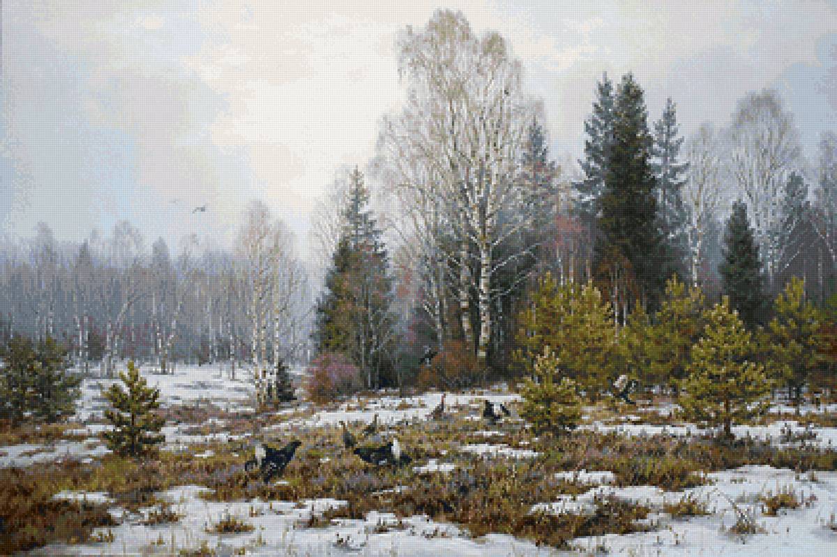 Худ. Артамонов Валерий Анатольевич. Тетерева - пейзаж, весна, снег, лес, тетерева - предпросмотр