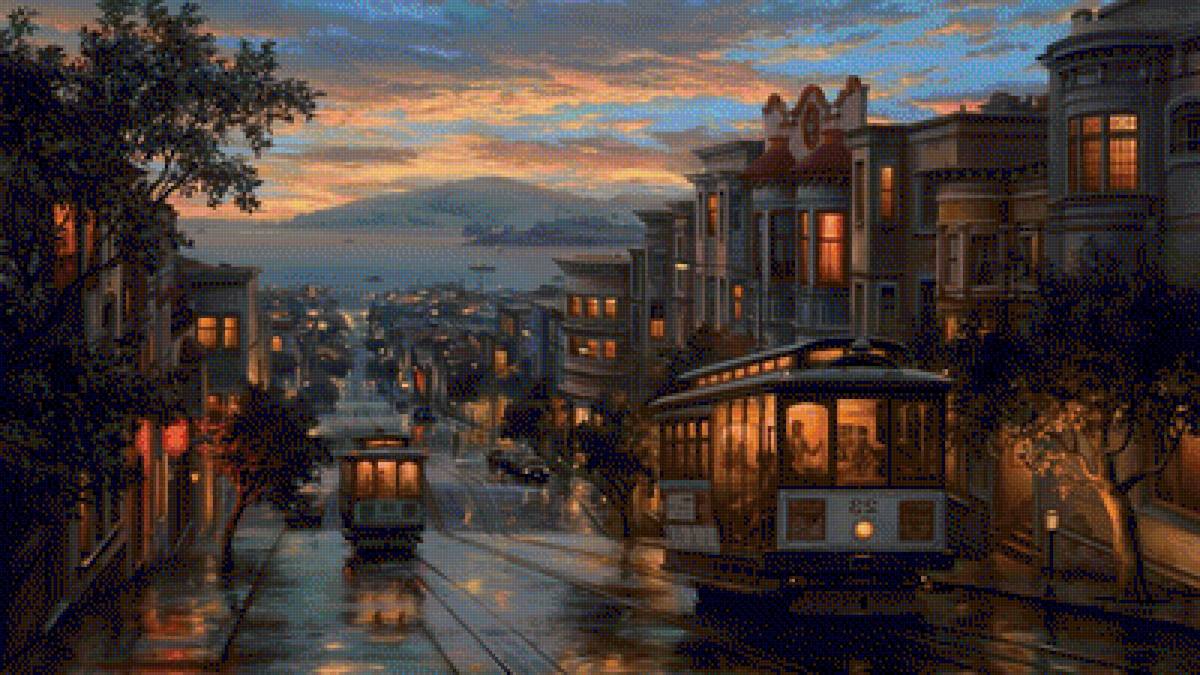 Вечерний трамвай - дома, вечер, трамвай, город, закат - предпросмотр