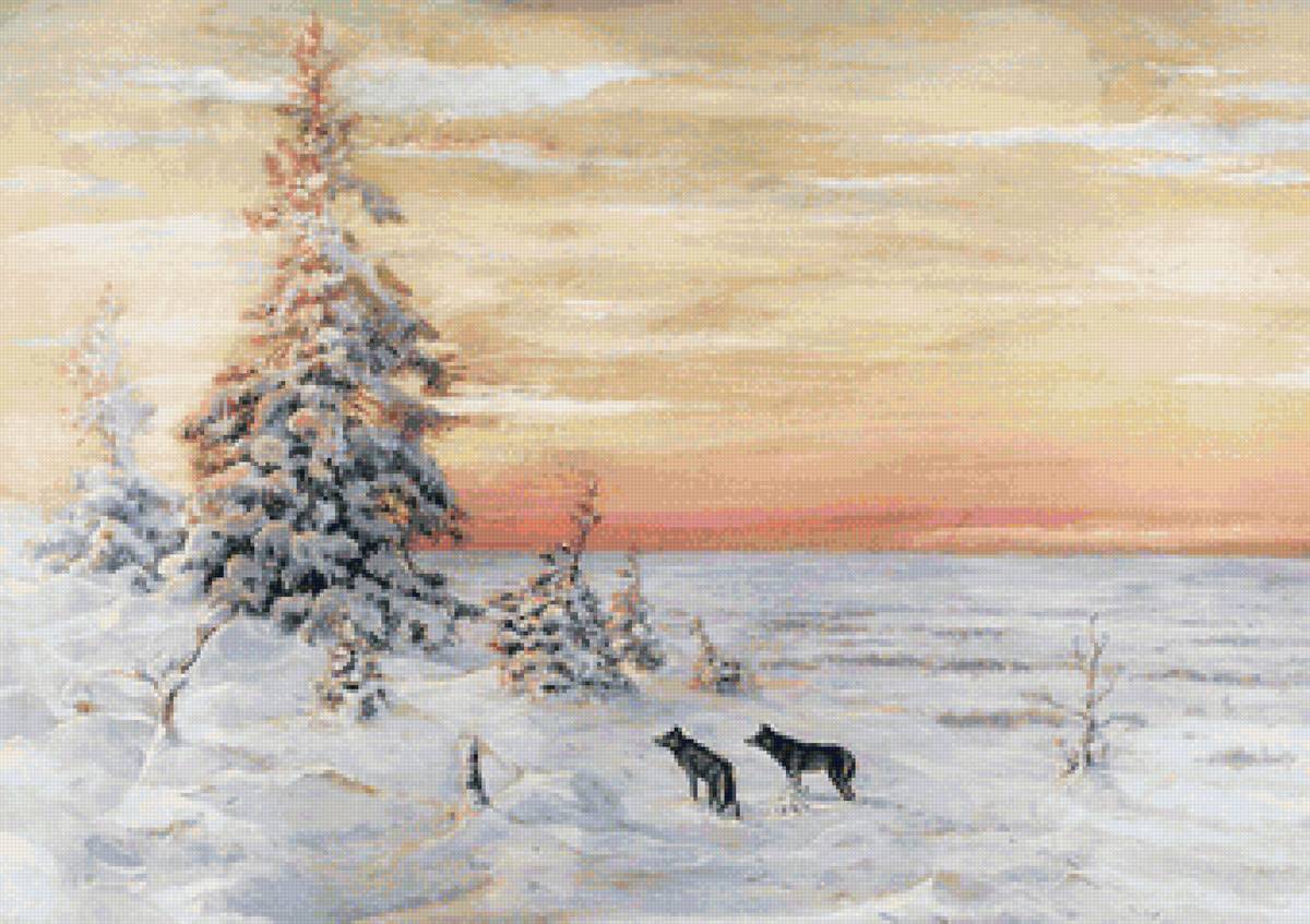 Худ.Муравьёв В.Л. Зимний пейзаж с волками - лес, природа, волки, пейзаж зима - предпросмотр