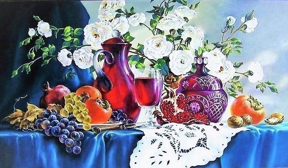 Нтюрморт - натюрморт, фрукты, цветы, вино, ваза - оригинал