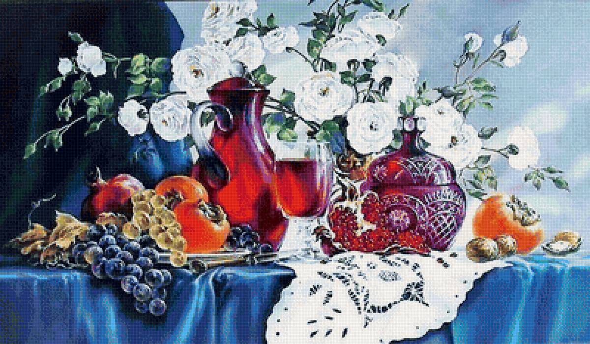 Нтюрморт - вино, фрукты, ваза, натюрморт, цветы - предпросмотр