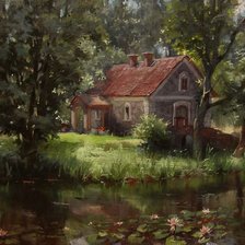 Схема вышивки «Домик с прудом.»