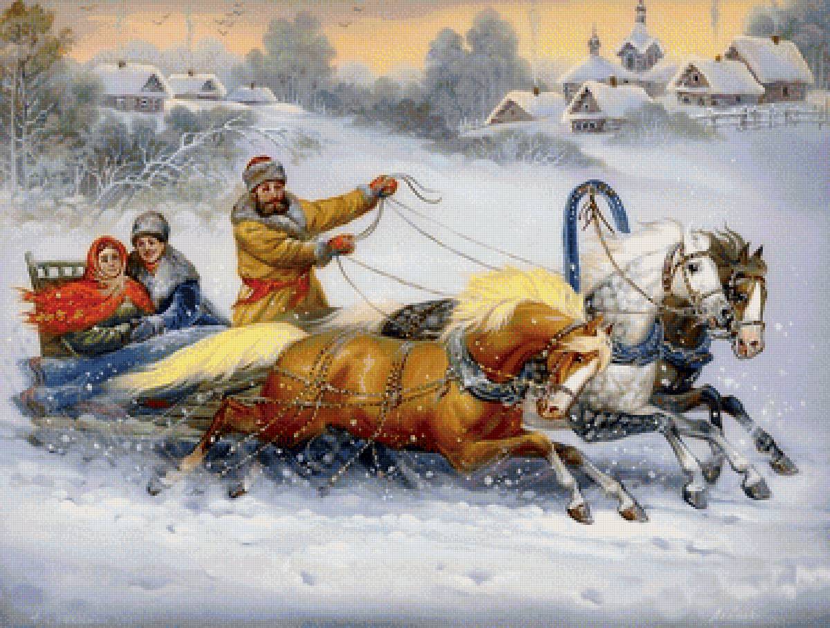 Тройка - тройка, лошади, деревня, зима, сани - предпросмотр