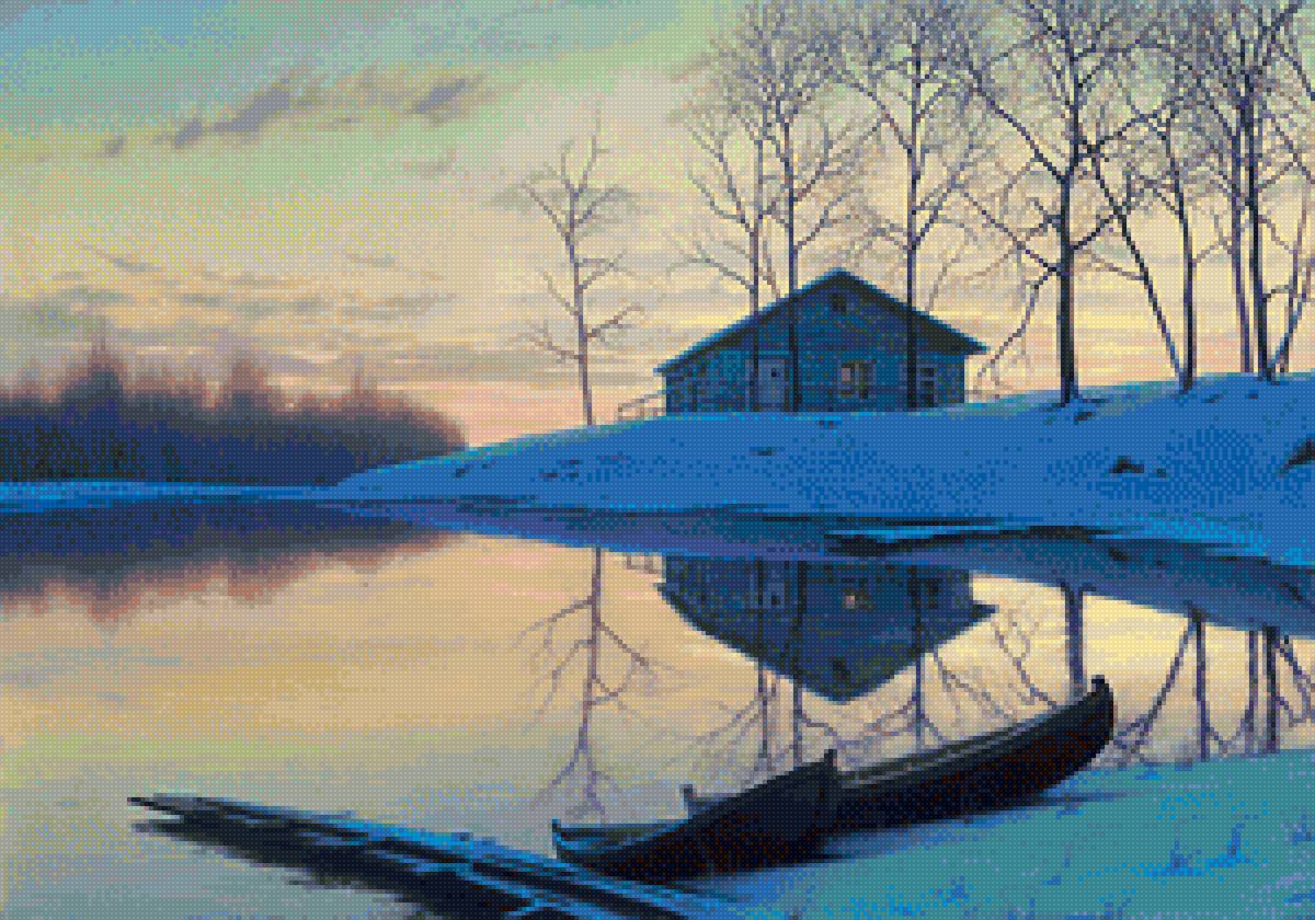 Худ. Бутырский Алексей - природа, река, дом, пейзаж зима - предпросмотр