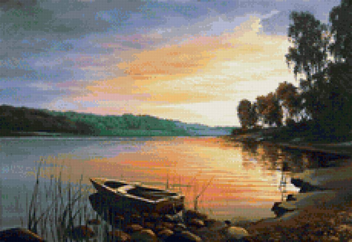 Худ.Былич Ал-др Леонидович - пейзаж лето, лодка, река, вечер - предпросмотр