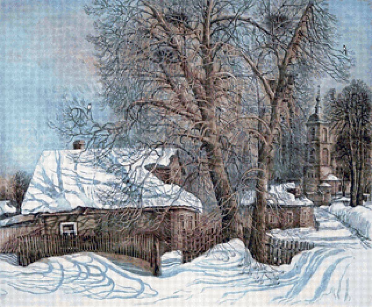 Худ.Ветров Ал-др Егорович(5) - пейзаж зима, снег, храм, деревня - предпросмотр