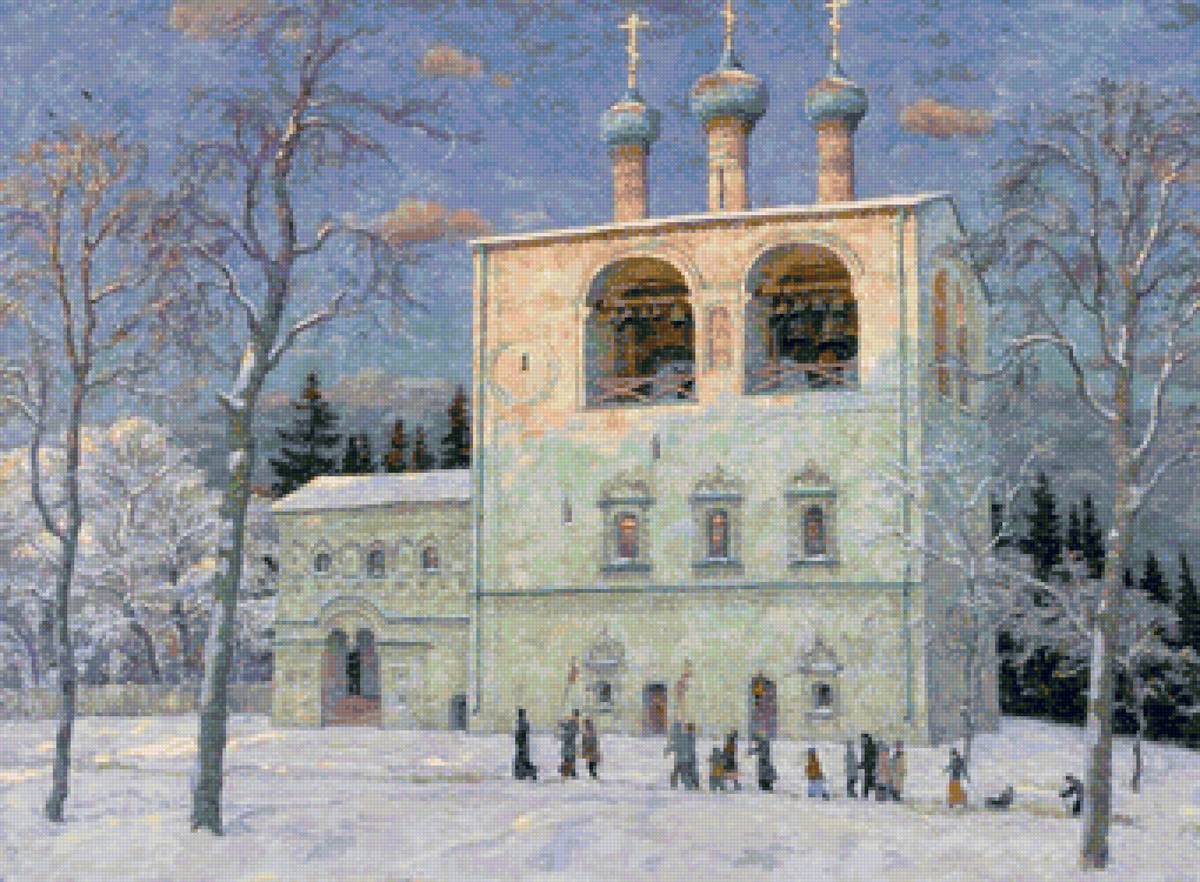Вечерний звон - пейзаж зима, храм, снег, люди - предпросмотр