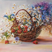 Схема вышивки «цветы и синичка»