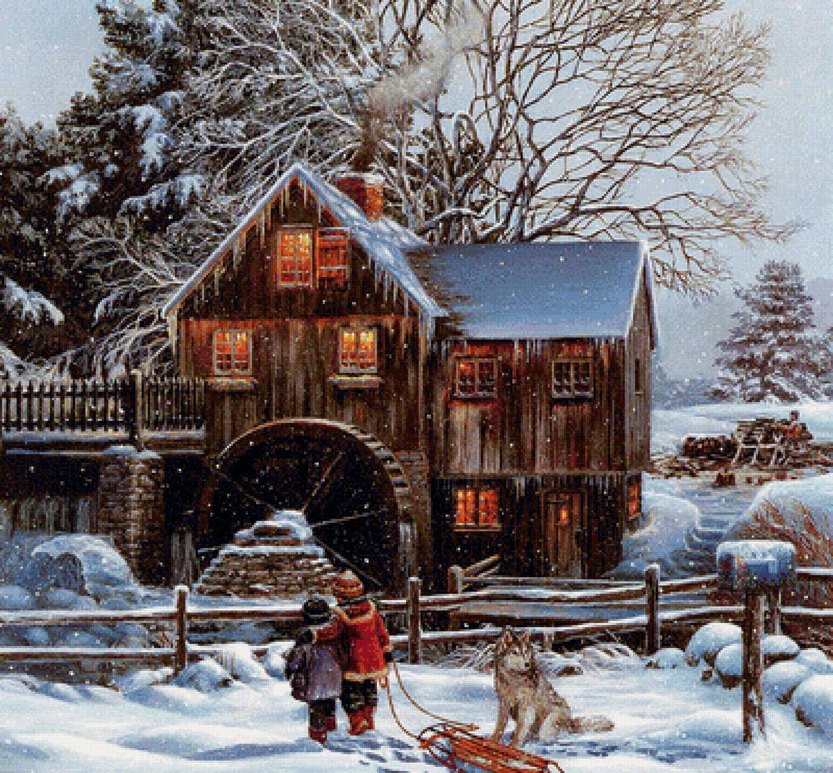 У старой  мельницы - мельница, снег, дети, зима - предпросмотр