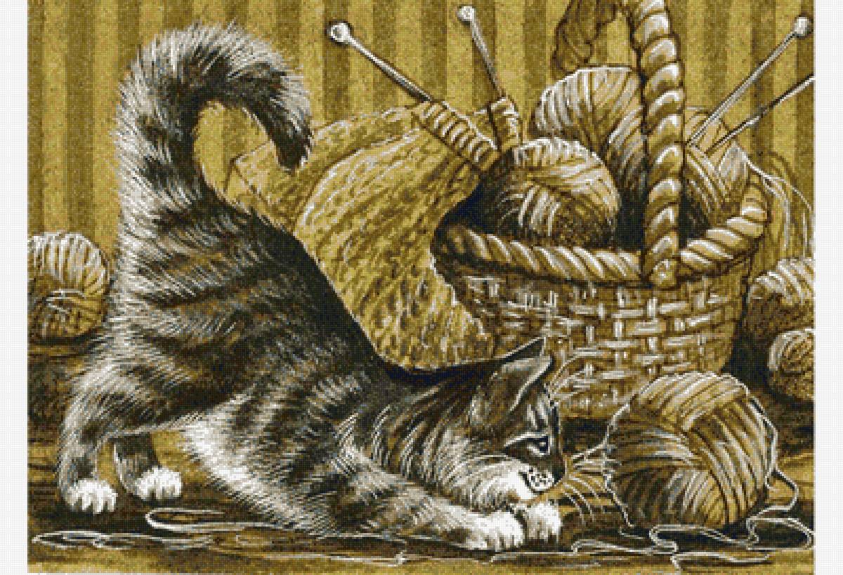 Игривый - рукоделие, кошка, корзина с нитками, клубок, нитки, кот, котенок - предпросмотр