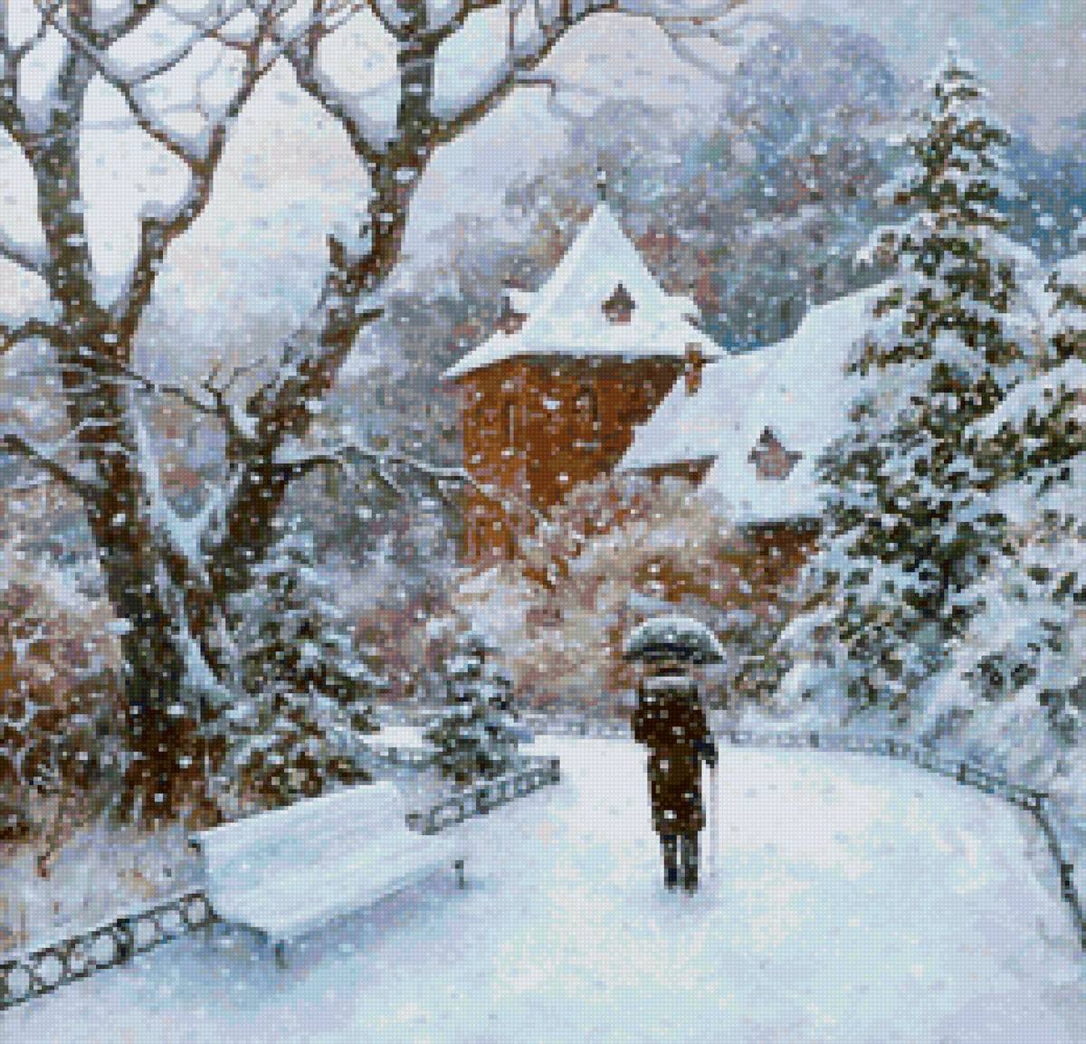 Худ. Дмитрий Лёвин - парк, пейзаж зима, человек, дом - предпросмотр