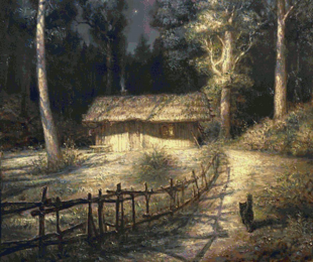 Худ. Игорь Майков) - кот, изба, ночь, лес, свет, пейзаж - предпросмотр