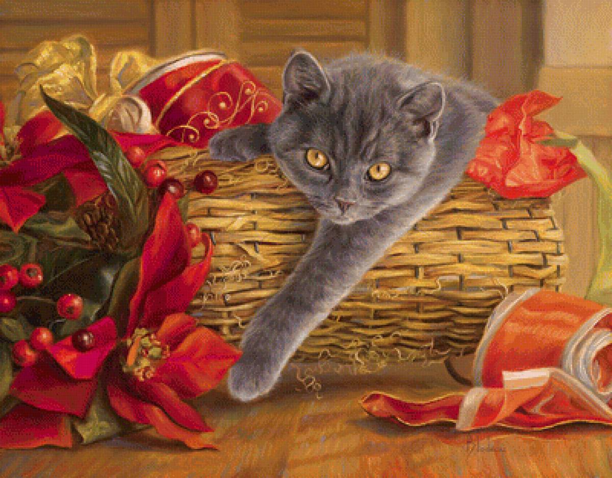 Шалунишка кот - цветы, кот, корзина - предпросмотр