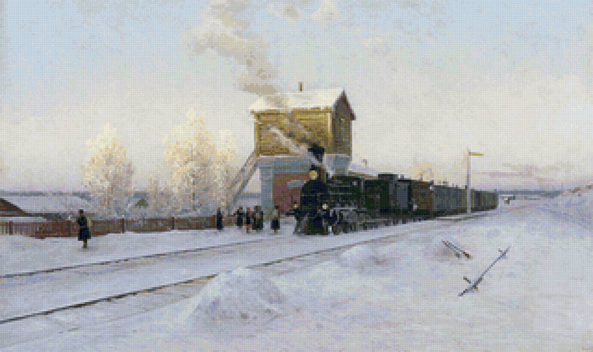 Казанцев Владимир Гаврилович. Зимнее утро на Уральской жел. доро - пейзаж зима, паровоз, люди, поезд, природа - предпросмотр