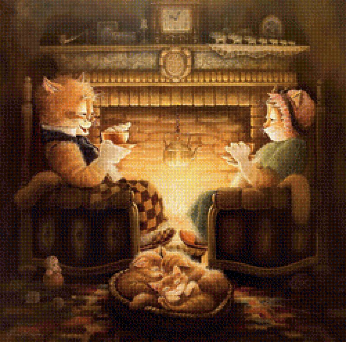 Кот Кузьма и его семейство - кузьма, кот, вечер, уют, счастье, семья, камин - предпросмотр