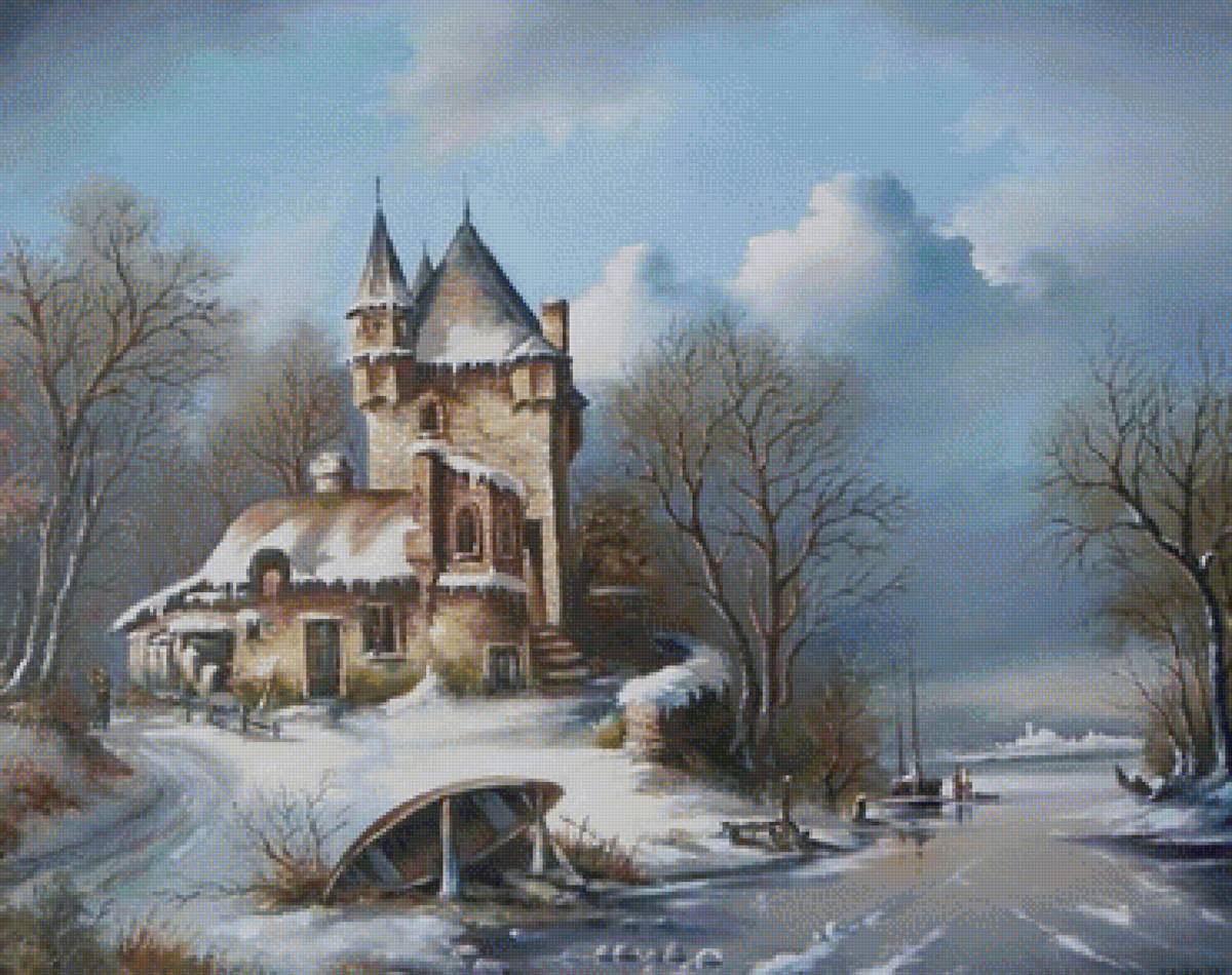 Старая Голландия по картине Г.Новицкого - старая голландия, речка, зима, домик - предпросмотр