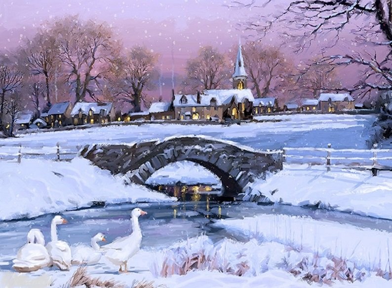 Зимние сумерки. По картине Ричарда Макнейла - сумерки, речка, зима, гуси, городок - оригинал