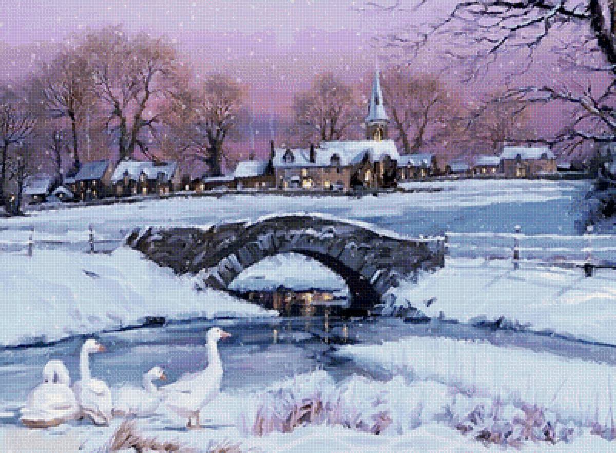 Зимние сумерки. По картине Ричарда Макнейла - городок, зима, речка, сумерки, гуси - предпросмотр