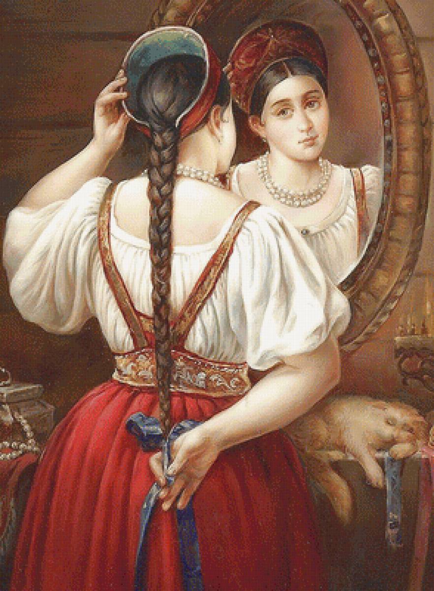 девушка перед зеркалом - федоскинская миниатюра - предпросмотр