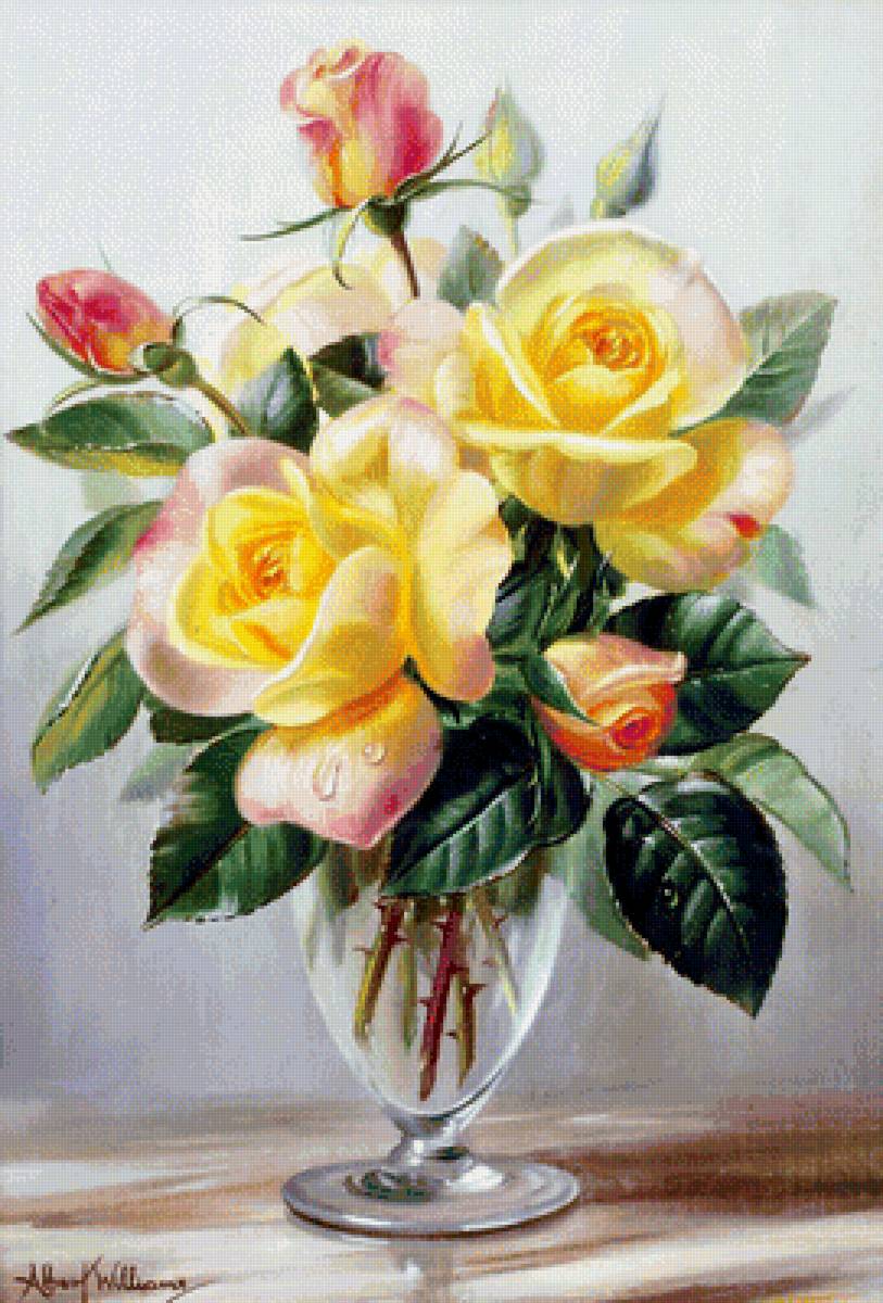 Жёлтые розы - букет, ваза, цветы, розы, стол - предпросмотр