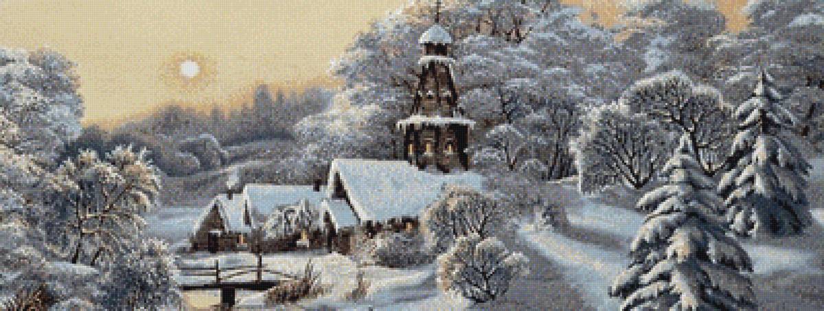 Морозное утро 2 - зима, лес, речка, мостик, деревня - предпросмотр