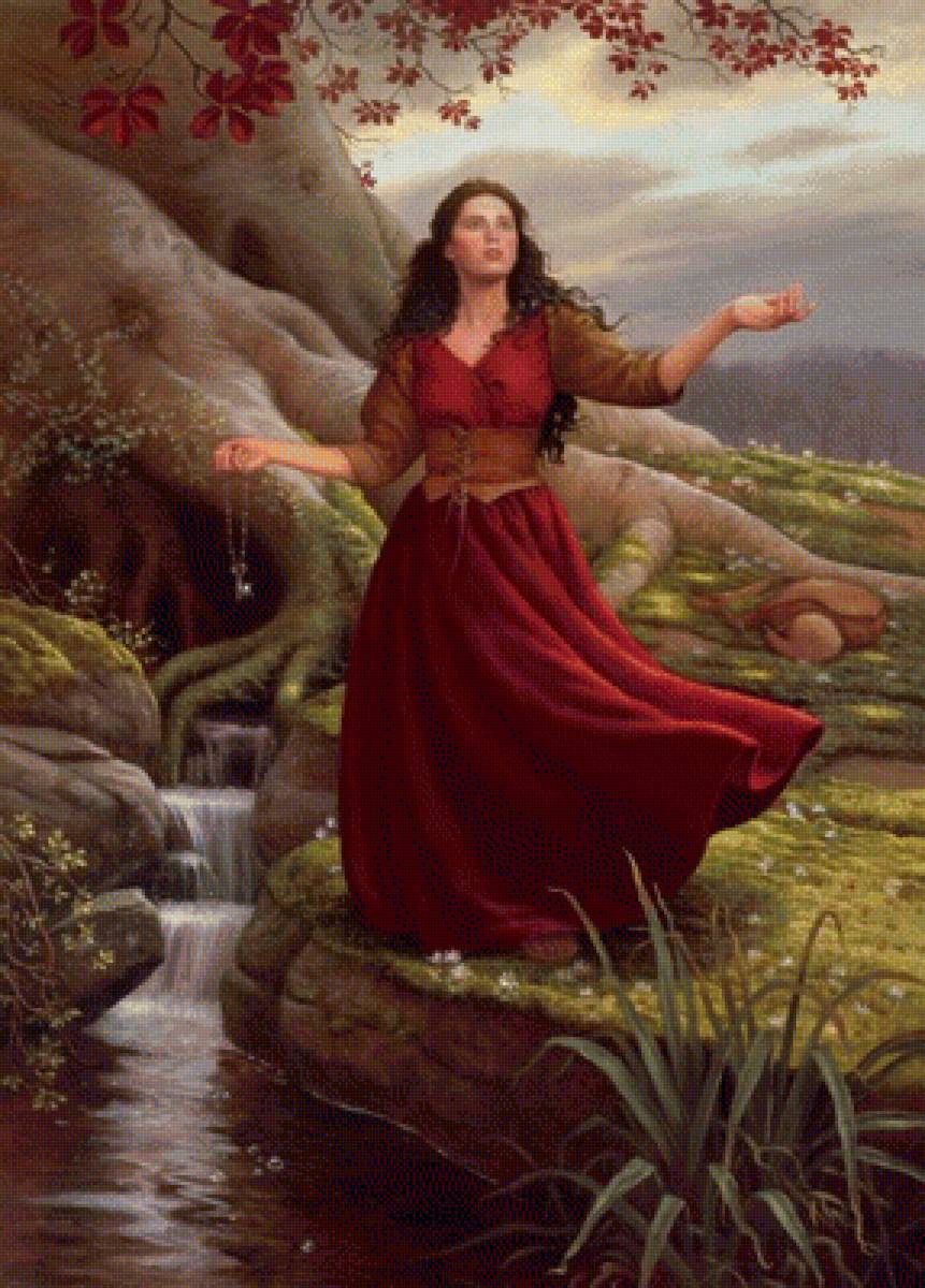 Девушка у ручья - девушка, ручей, корни дерева, ключ, цепочка - предпросмотр