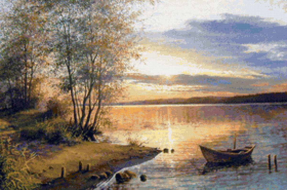 Худ. Булыгин И.Н. - вода, вечер, пейзаж лето, лодка - предпросмотр