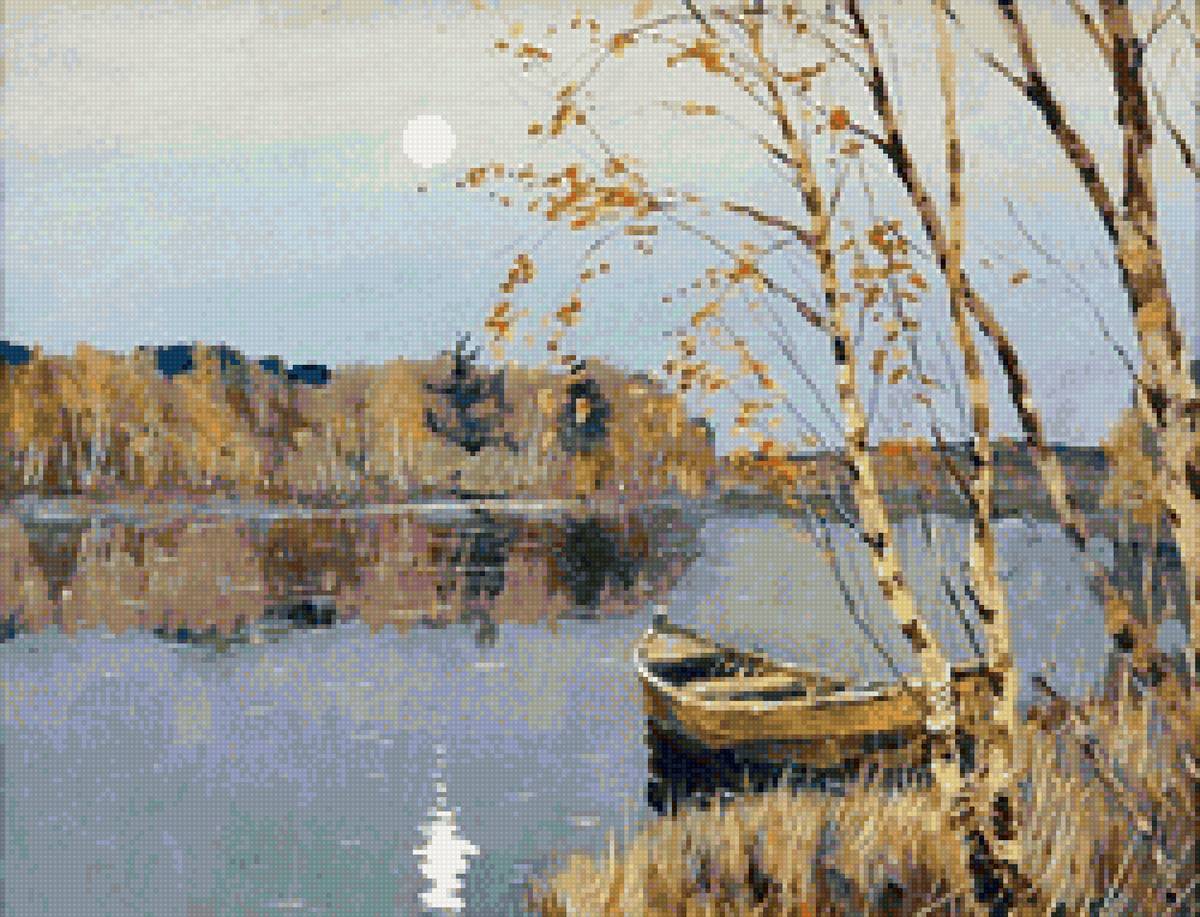 Худ. Егоров Андрей Афанасьевич. - пейзаж, осень, береза, река, лодка - предпросмотр